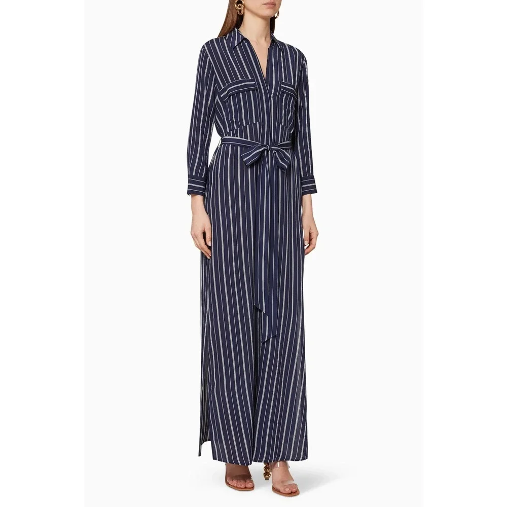 L'Agence Cameron Silk Maxi Shirt Dress S Navy White Stripe Belted Chic - Picture 9 of 9